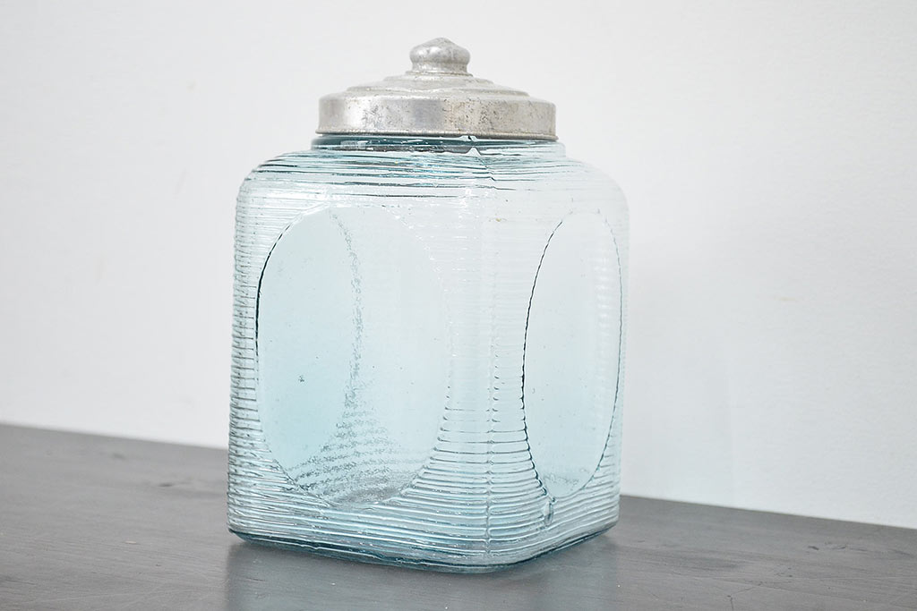 昭和初期　古いキャンディーポット(ガラス瓶、プレスガラス)(R-047052)