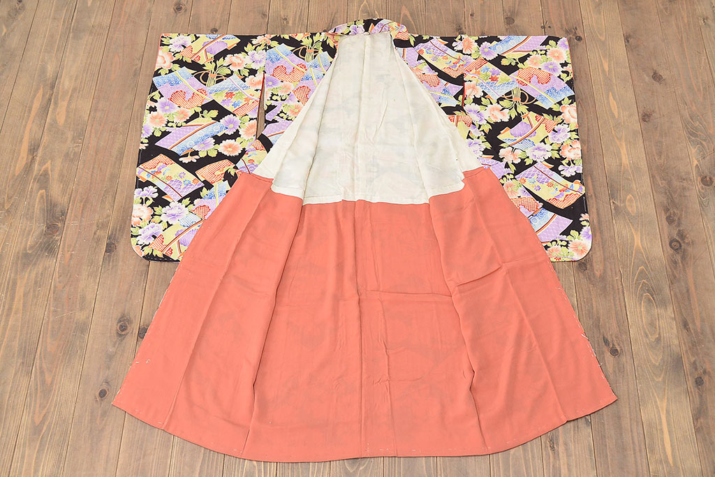 昭和初期　アンティーク　錦紗　花柄　着物(正絹、古布、縮緬)(R-047064)