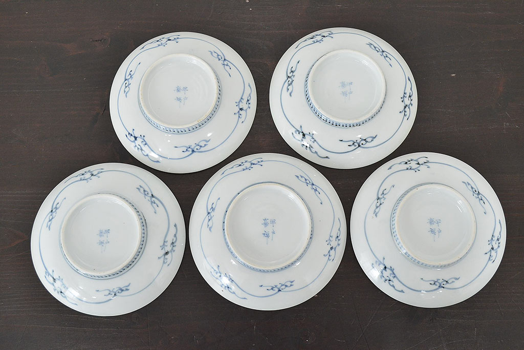 明治〜大正　平戸嘉祥　銘　染付　五寸皿　5枚セット(和食器)(R-047082)