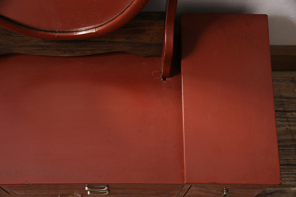 和製アンティーク　漆塗り　艶やかな朱が目を引く上品な佇まいの鏡台(化粧台、ドレッサー)(R-047126)