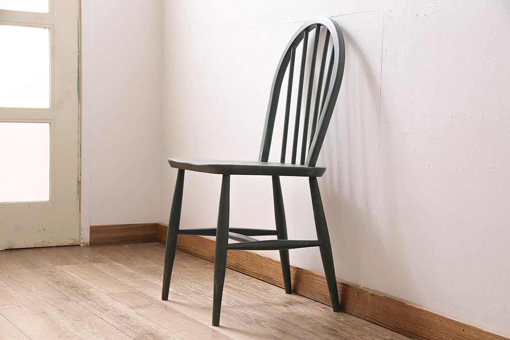 イギリスヴィンテージ　ERCOL(アーコール)　お部屋のアクセントになるダークグリーンのチェア(ダイニングチェア、ビンテージ)(R-047138)
