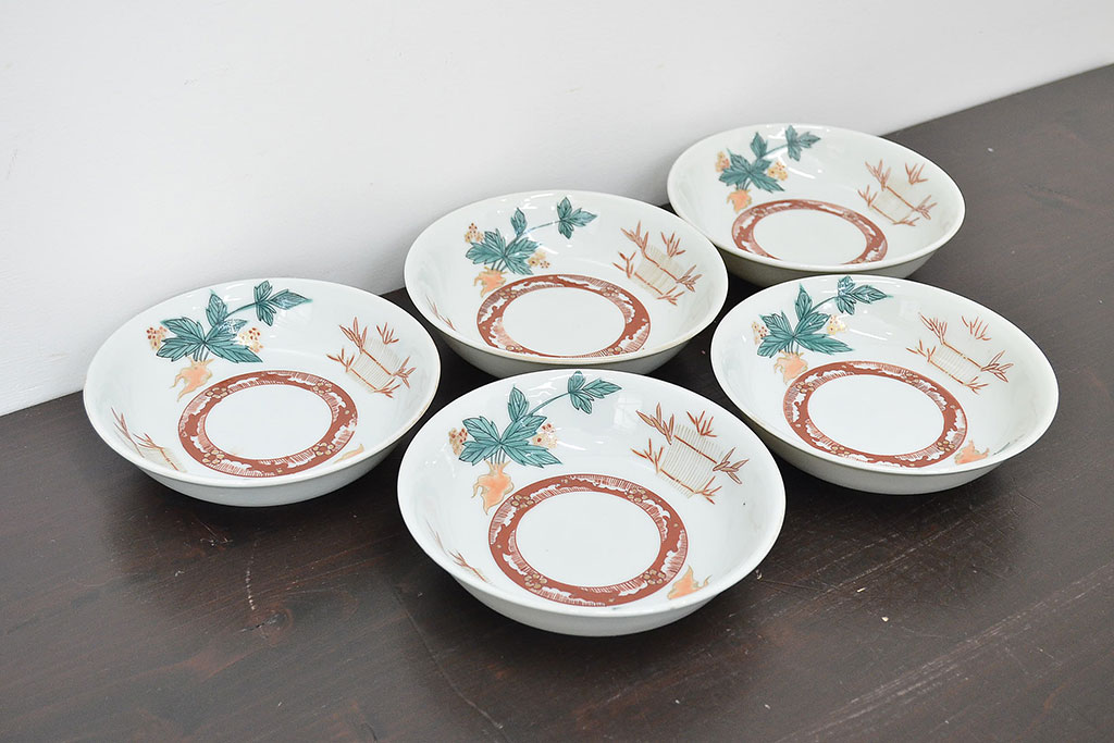 明治期　九谷焼　人参図　色絵　五寸なます皿5枚(和食器)(R-047184)