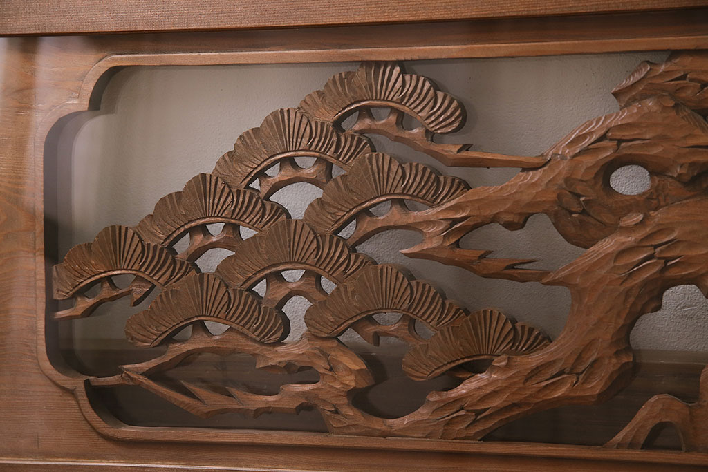 アンティーク建具　松と竹の彫りが美しい両面ガラスの彫刻欄間(明かり取り、明り取り)(R-047335)