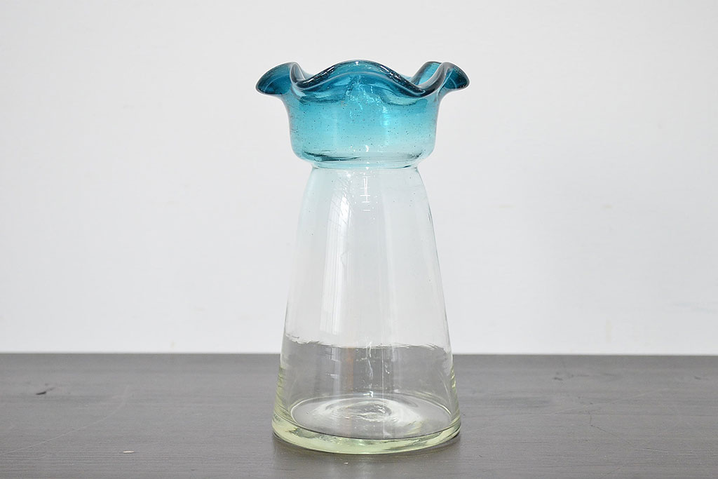 大正〜昭和初期 青フリル ガラス花瓶(和ガラス、吹きガラス、氷コップ 