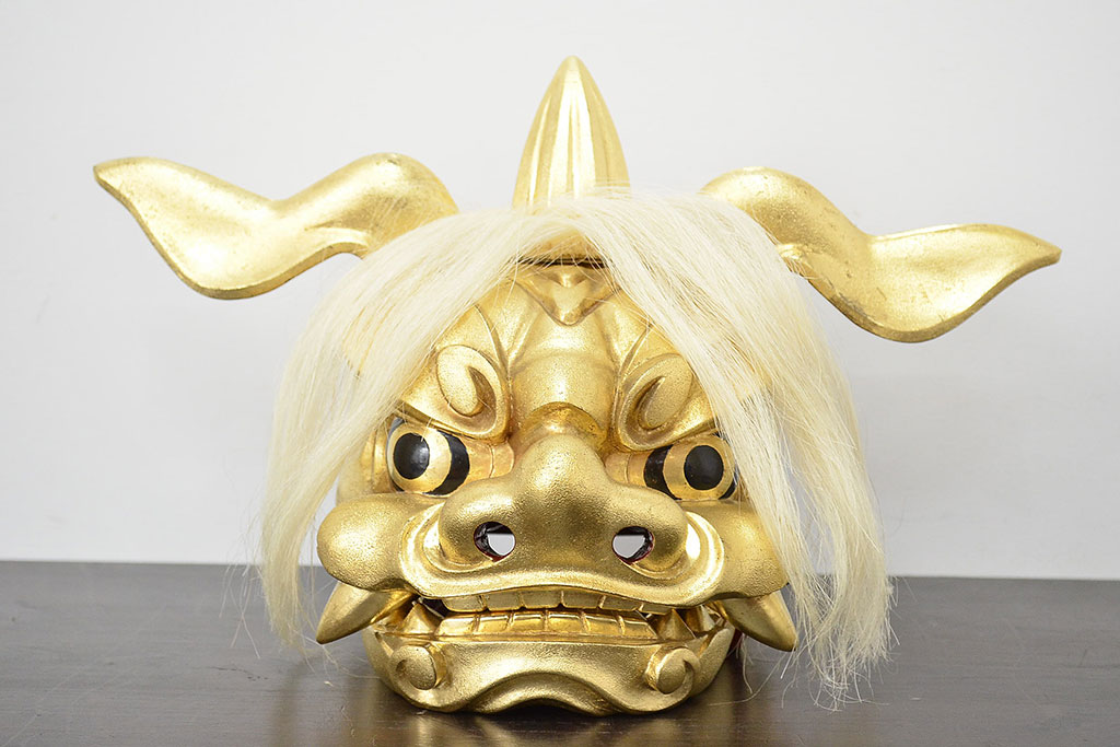 井波彫刻家 森田清一 木彫金獅子 共箱(彫刻、在銘、作家物)(R-047441