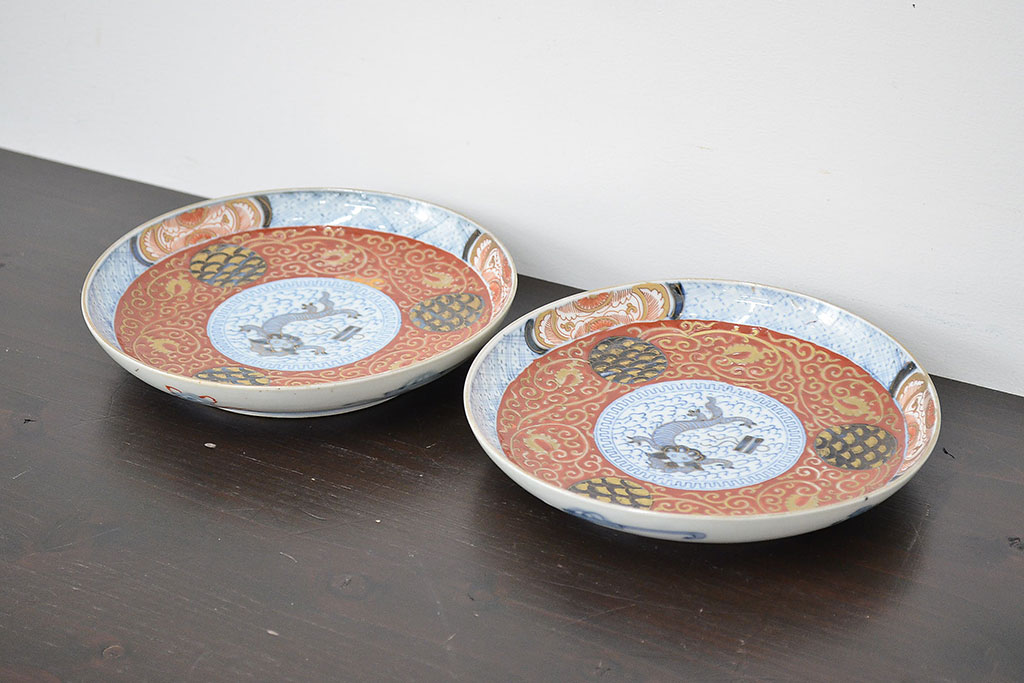 江戸幕末期　伊万里焼　唐草色絵　六寸皿2枚(中皿、和食器)(R-047451)