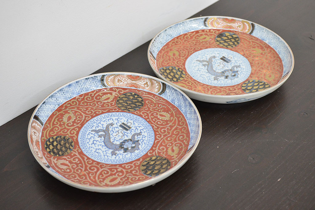 江戸幕末期　伊万里焼　唐草色絵　六寸皿2枚(中皿、和食器)(R-047452)