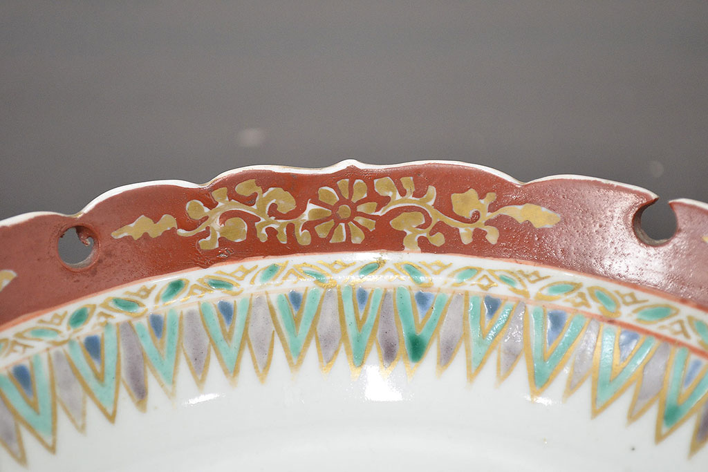 明治期　九谷焼　朝顔に蝶図　色絵　変形皿(透かし、和食器、深皿)(R-047455)