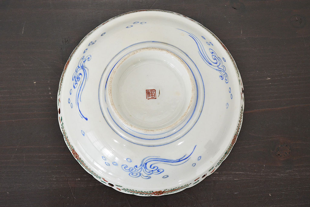明治期　九谷焼　朝顔に蝶図　色絵　変形皿(透かし、和食器、深皿)(R-047455)