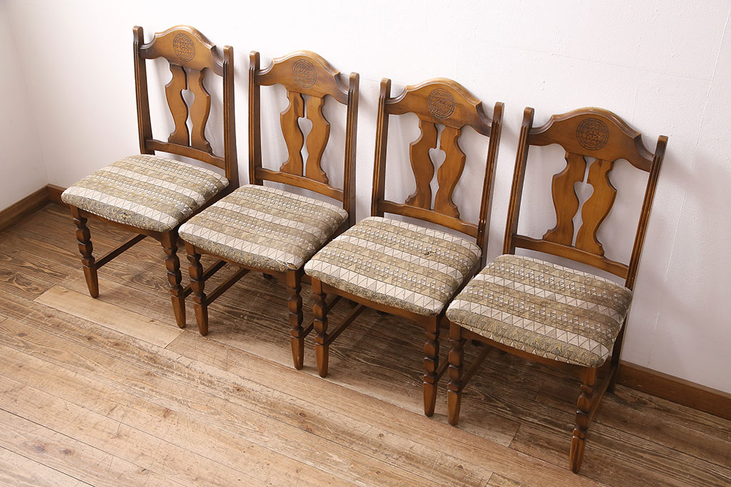 和製ヴィンテージ カリモク家具(karimoku) エキゾチックな雰囲気を醸し出すブナ材製のチェア4脚セット(ダイニングチェア、椅子