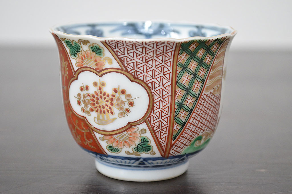 江戸期 古伊万里 富長貴春 色絵 湯呑・小皿セット(蕎麦猪口、和