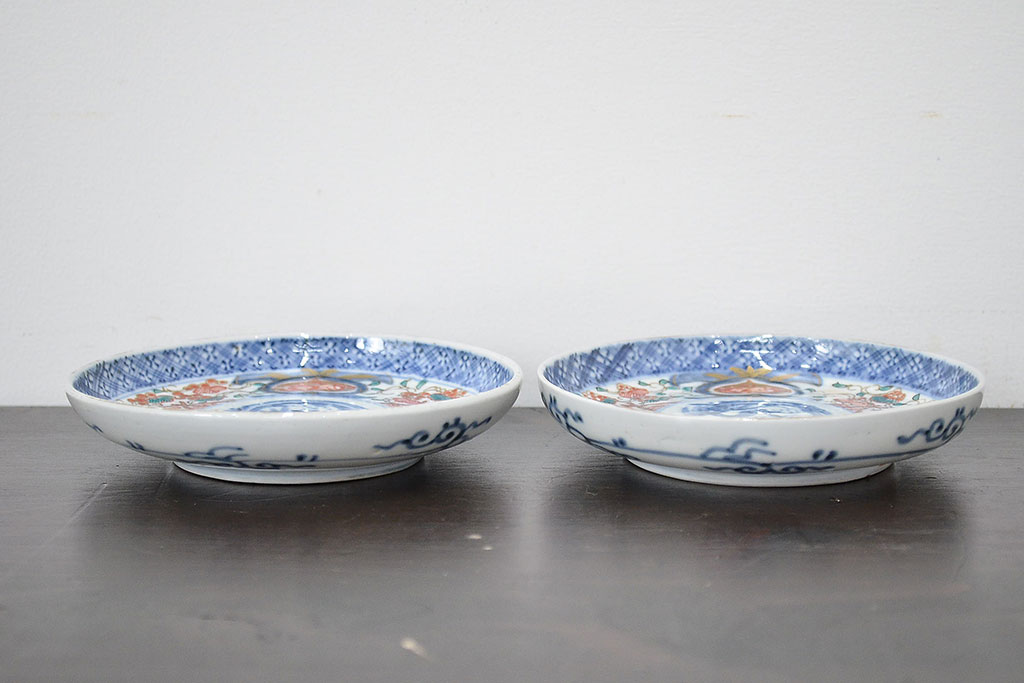 江戸期　古伊万里　富長貴春　小皿2枚(色絵、染付、和食器)(R-047728)