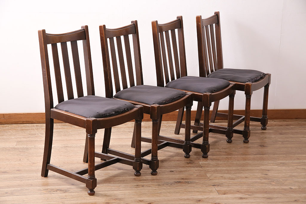 イギリスアンティーク　オーク材　落ち着いた雰囲気が魅力のシンプルなチェア4脚セット(ダイニングチェア、椅子)(R-047809)