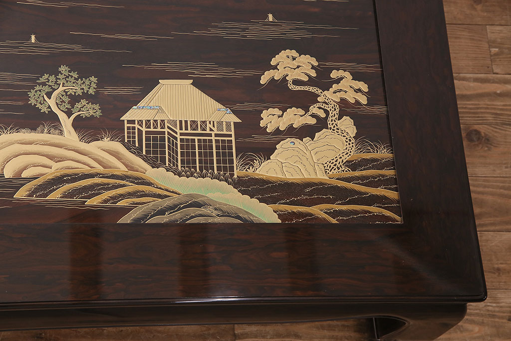 中古　輪島塗　縞黒檀材製　黒漆と蒔絵が美しい和の風情溢れるガラス天板付きの座卓(定価約180万円)(ローテーブル)(R-047841)