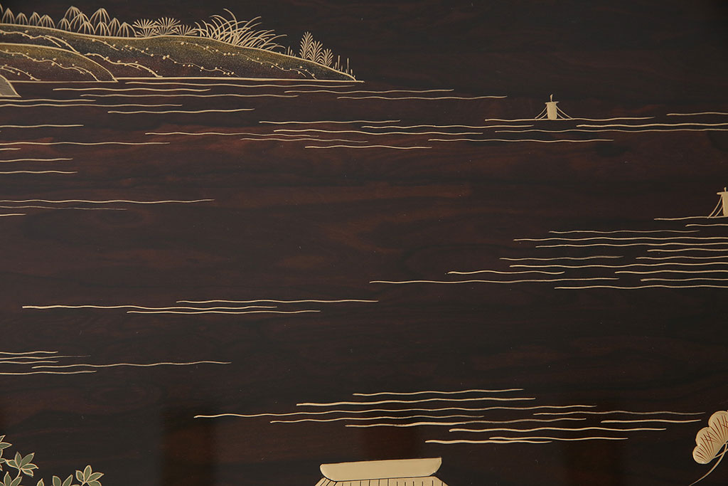中古　輪島塗　縞黒檀材製　黒漆と蒔絵が美しい和の風情溢れるガラス天板付きの座卓(定価約180万円)(ローテーブル)(R-047841)