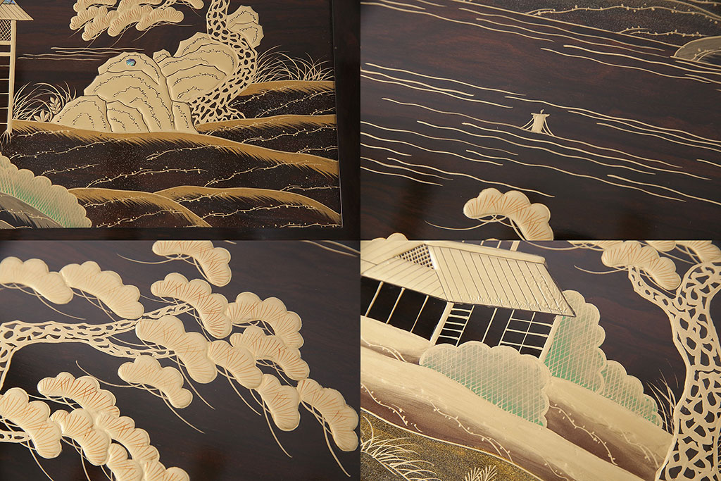 中古　輪島塗　縞黒檀材製　黒漆と蒔絵が美しい和の風情溢れるガラス天板付きの座卓(定価約180万円)(ローテーブル)(R-047841)