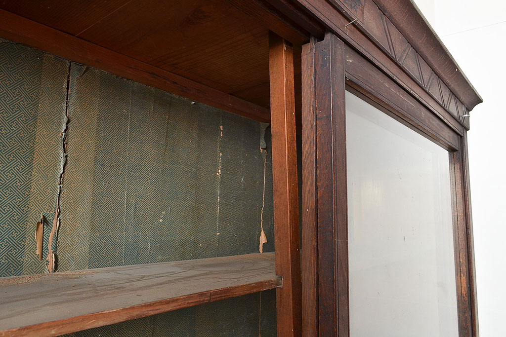 和製アンティーク　象嵌細工入り　大正ロマンにおすすめ!深みのある木色が素敵な重ね戸棚(キャビネット、ガラスケース、収納棚)(R-048027)