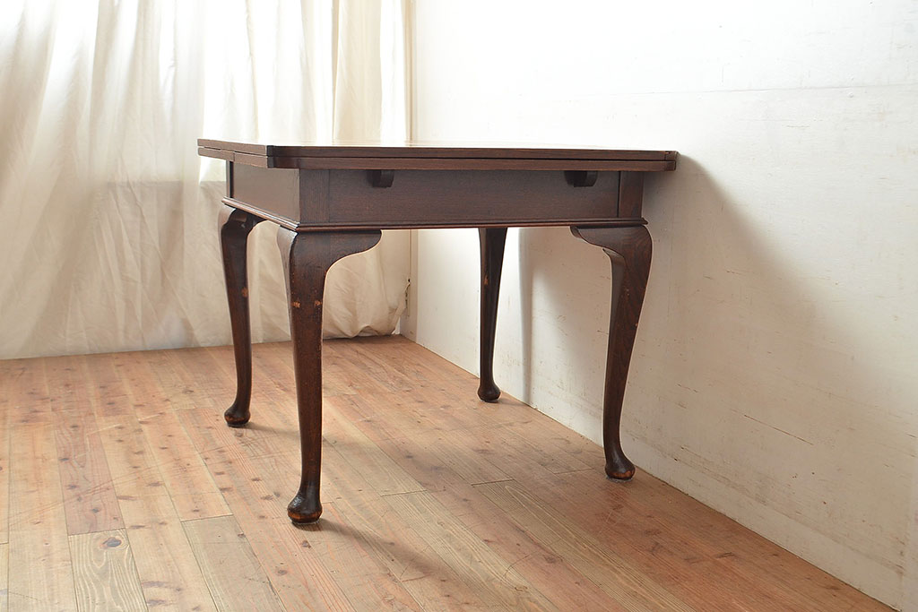 イギリスアンティーク　オーク材　猫脚がお洒落なドローリーフテーブル(エクステンションテーブル、ダイニングテーブル、拡張式テーブル)(R-048187)
