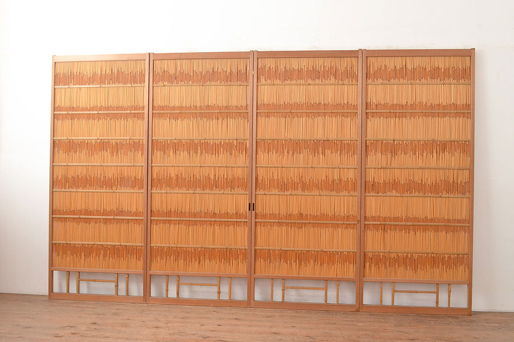和製アンティーク　竹の節がアクセントになった風流な御簾戸4枚セット(簾戸、簀戸、葭戸、夏障子、すど、葦戸)(R-048231)