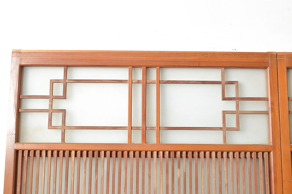 和製アンティーク　腰板桑材　珍しいデザインが目を引く裏ガラス入り格子戸3枚セット(引き戸、建具、ガラス戸)(R-048256)
