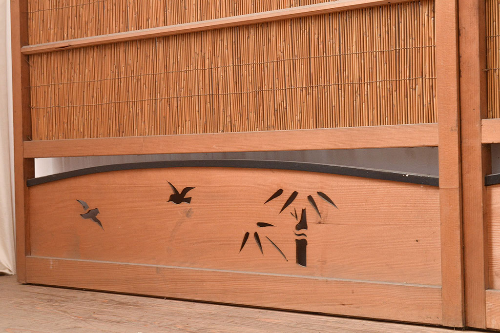 和製アンティーク　竹と飛ぶ鳥の透かしが風情漂う御簾戸4枚セット(簾戸、簀戸、葭戸、夏障子、夏戸、すど、葦戸)(R-048310)