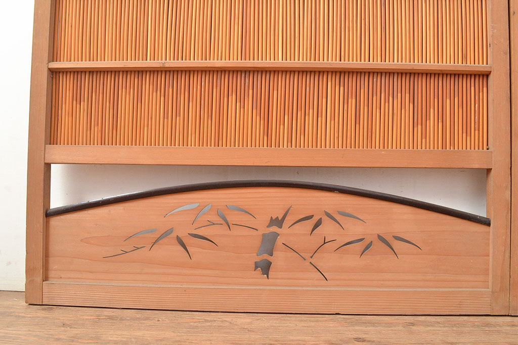 和製アンティーク　笹の葉の透かしが風流さ漂う御簾戸2枚セット(簾戸、簀戸、葭戸、夏障子、夏戸、すど、葦戸)(R-048313)