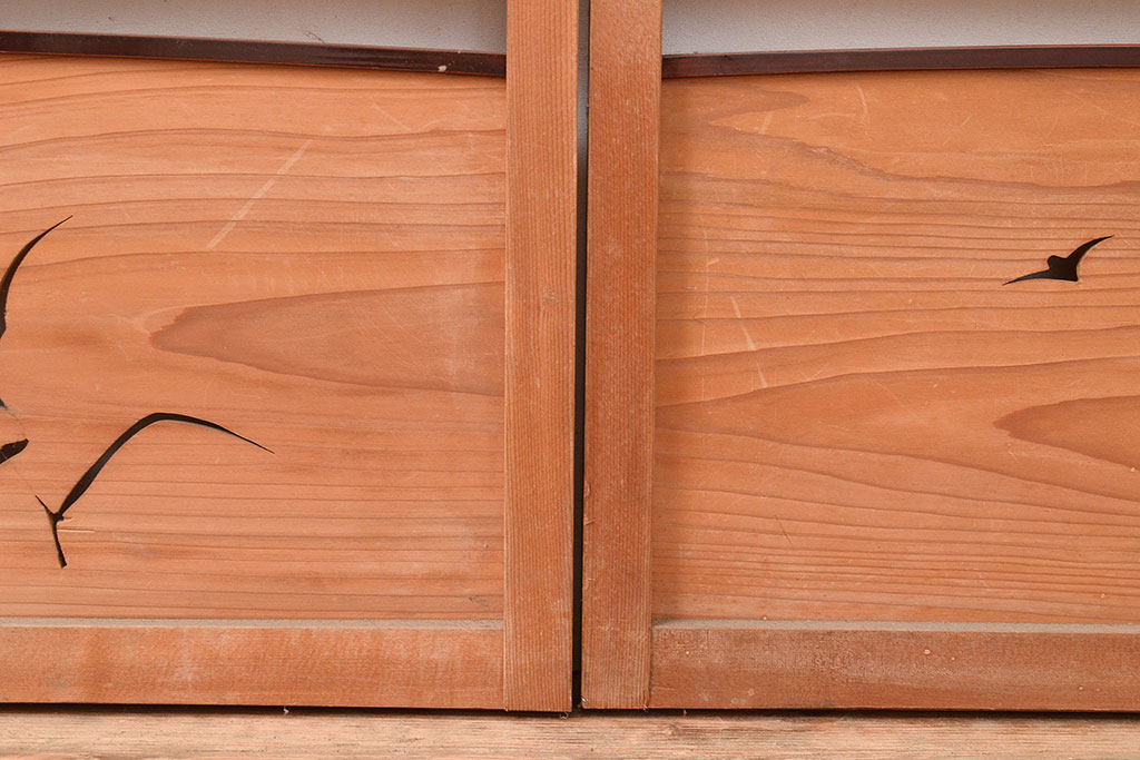 和製アンティーク　和の情緒ある透かし彫りの意匠が魅力的な御簾戸2枚セット(簾戸、簀戸、葭戸、夏障子、夏戸、すど、葦戸)(R-048314)