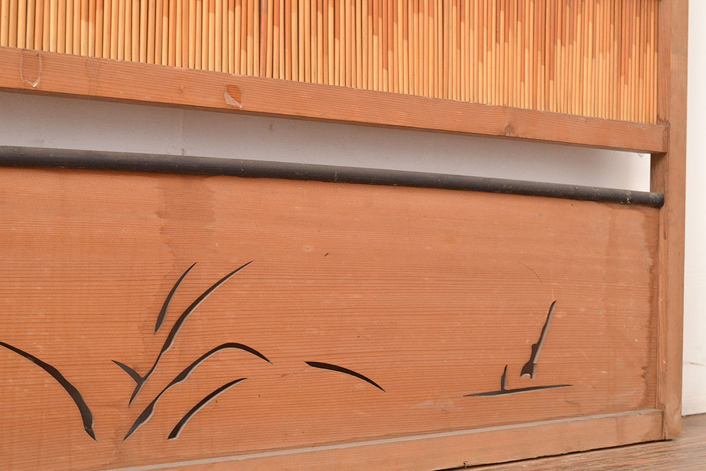 和製アンティーク　濃い色合いの竹装飾がアクセントになった御簾戸2枚セット(建具、簾戸、簀戸、葭戸、夏障子、すど、葦戸)(R-048316)