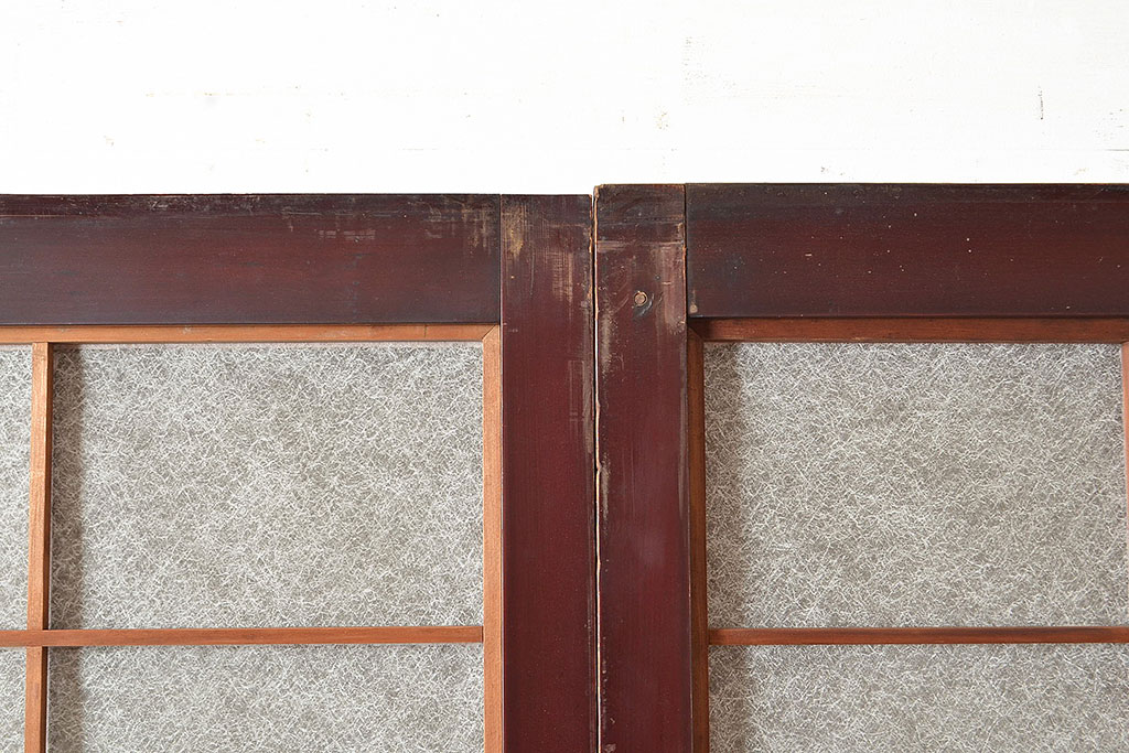 アンティーク建具　腰板ケヤキ材　漆塗り　和の風情たっぷりの両面格子入り障子戸2枚セット(引き戸、建具)(R-048355)