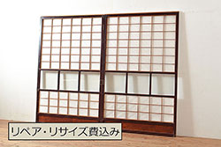 アンティーク建具　ヒノキ材　古いお寺の桟唐戸2枚セット(蔵戸、玄関戸、両開きドア、木製扉、門扉)(R-071111)