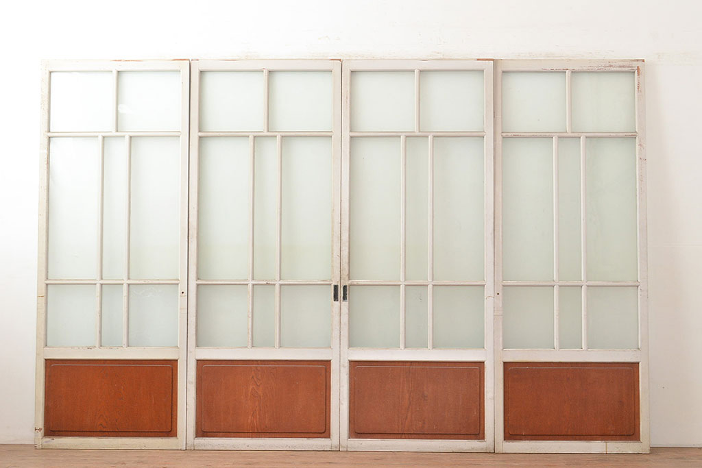 アンティーク建具　木の風合いとペイントの組み合わせが楽しめるガラス戸4枚セット(引き戸、建具)(R-048364)