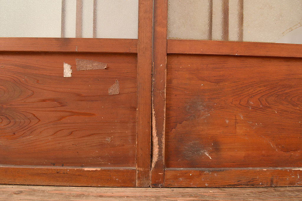 和製アンティーク　くっきりとした木目が味わい深いガラス戸2枚セット(引き戸、建具)(R-048377)