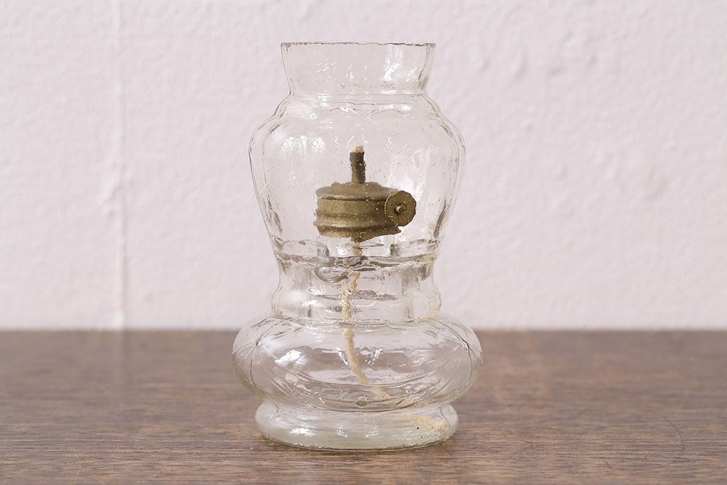 大正〜昭和初期 古いガラスの豆ランプ(オイルランプ、火屋、油壷)(R