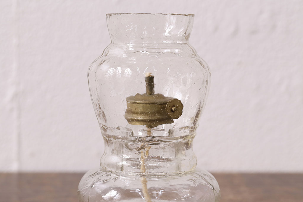 大正〜昭和初期　古いガラスの豆ランプ(オイルランプ、火屋、油壷)(R-048421)