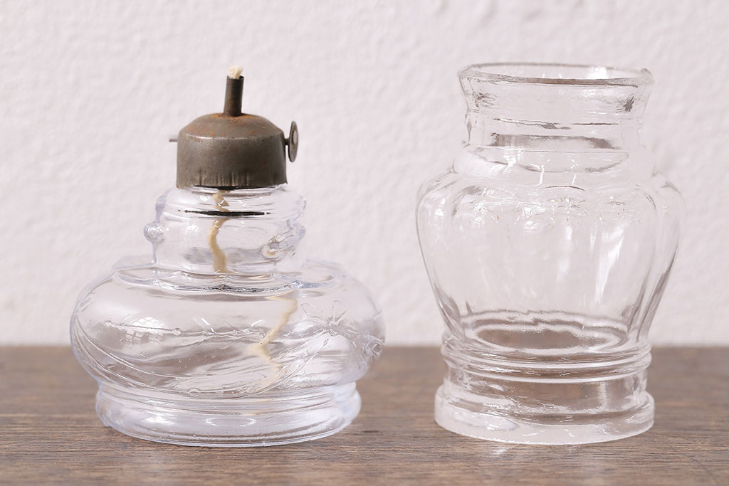 昭和初期　古いガラスの豆ランプ(オイルランプ、火屋、油壷)(R-048422)