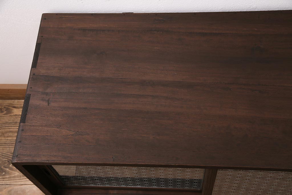 和製アンティーク　当店オリジナル模様のガラス入り!和の趣溢れる総桐材製の箪笥ローボード(戸棚、テレビ台、テレビボード、時代箪笥)(R-048430)