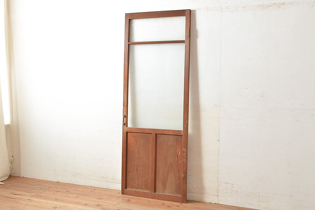 和製アンティーク　2種類のレトロなガラスで違った輝きを楽しめる木製ドア(ガラス扉、建具)(R-048564)