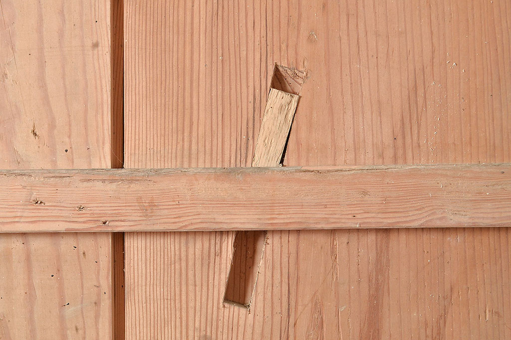 アンティーク建具　ヒノキ材　金具の長い歳月を経た貫禄と存在感溢れる蔵戸(玄関戸、引き戸、建具)(R-048589)