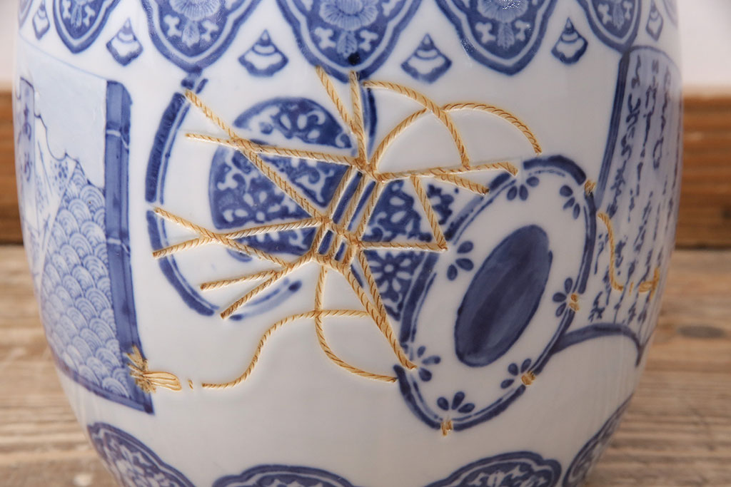 アンティーク雑貨　鼓の文様が印象的な瀬戸火鉢(鉢カバー)(R-048631)