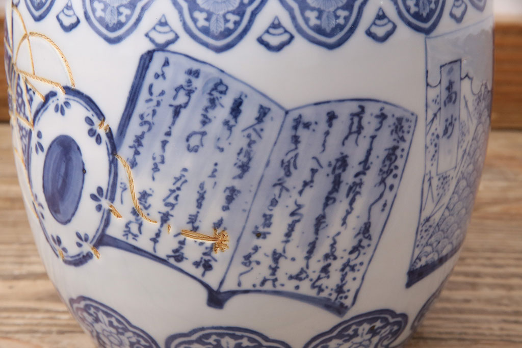 アンティーク雑貨　鼓の文様が印象的な瀬戸火鉢(鉢カバー)(R-048631)