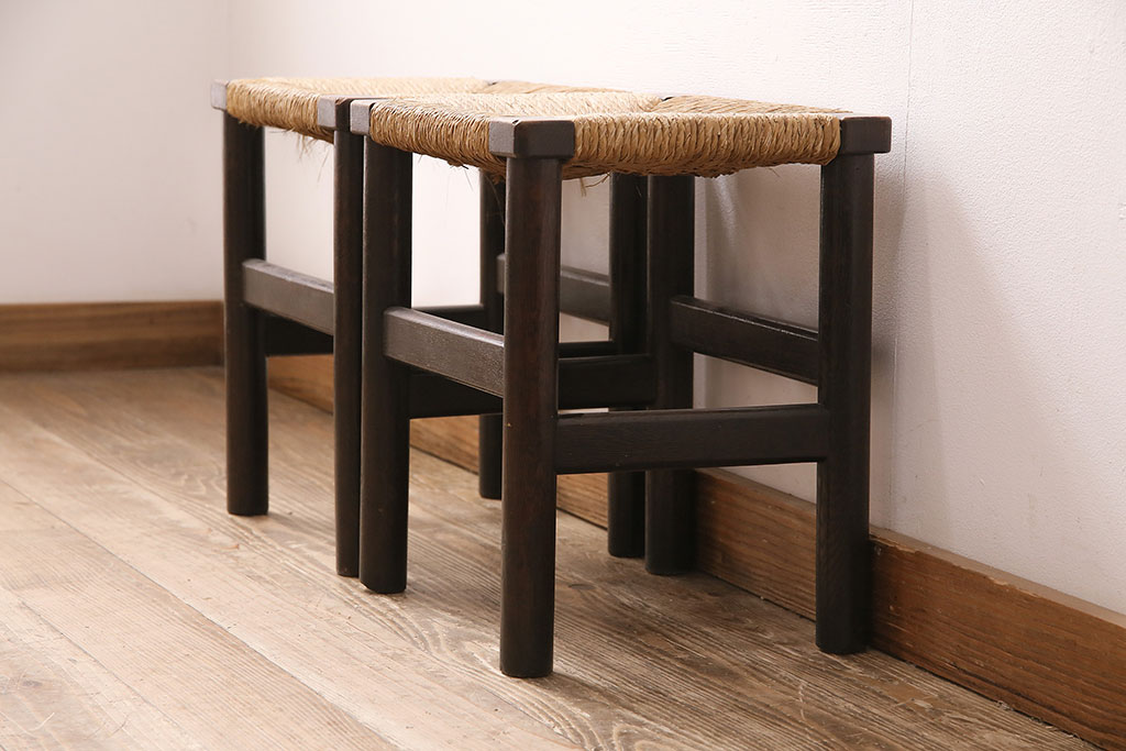 ヴィンテージ家具　松本民芸家具　初期モデル　ラッシ座面がおしゃれなスツール2脚セット(チェア、椅子、ビンテージ)(R-048680)