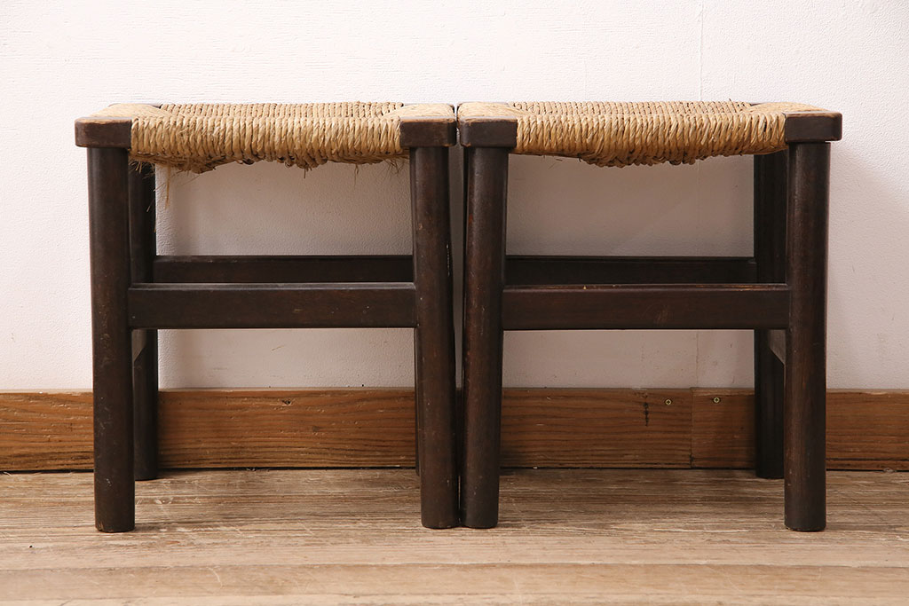 ヴィンテージ家具　松本民芸家具　初期モデル　ラッシ座面がおしゃれなスツール2脚セット(チェア、椅子、ビンテージ)(R-048680)