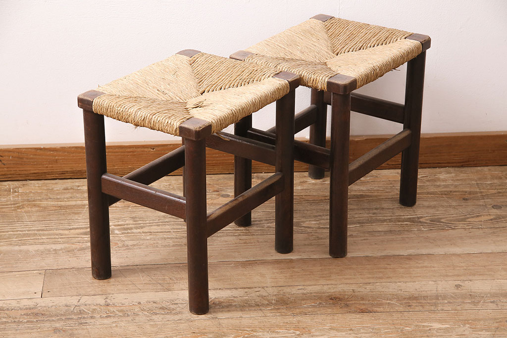 ヴィンテージ家具　松本民芸家具　初期モデル　ラッシ座面がおしゃれなスツール2脚セット(チェア、椅子、ビンテージ)(R-048681)