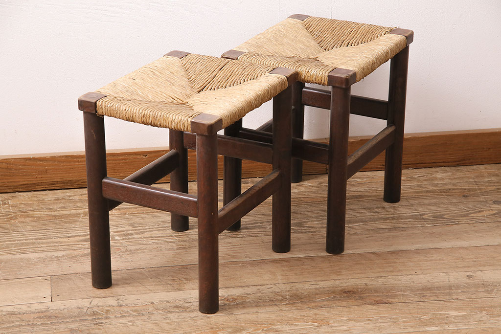 ヴィンテージ家具　松本民芸家具　初期モデル　ラッシ座面がおしゃれなスツール2脚セット(チェア、椅子、ビンテージ)(R-048682)