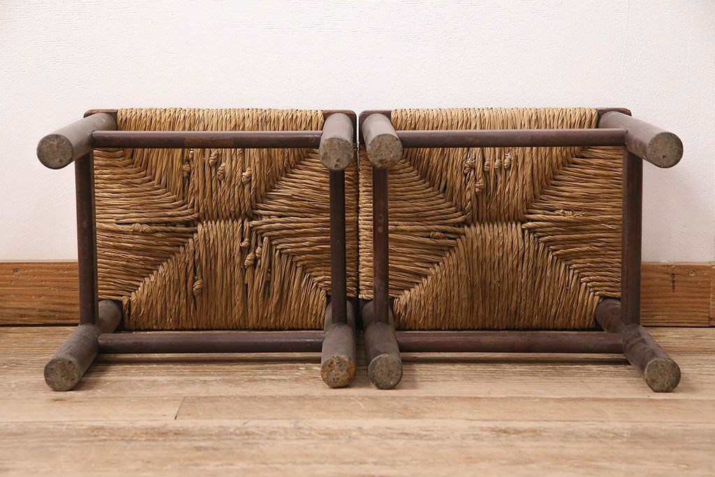 ヴィンテージ家具　松本民芸家具　初期モデル　ラッシ座面がおしゃれなスツール2脚セット(チェア、椅子、ビンテージ)(R-048684)