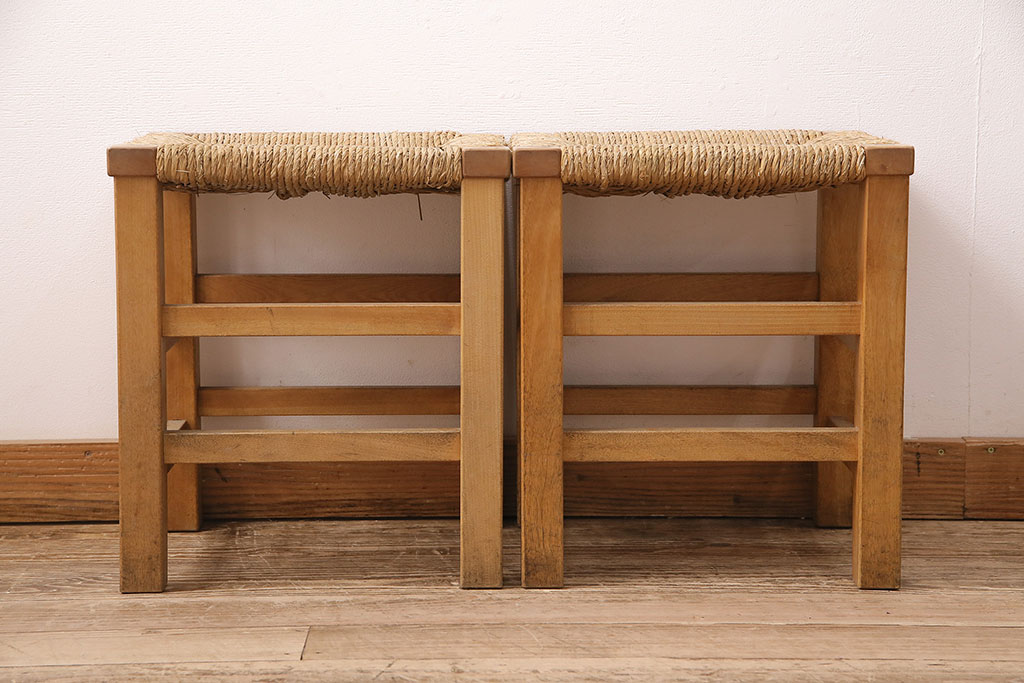 ヴィンテージ　松本民芸家具　初期モデル　ラッシ座面がおしゃれ!素朴な木肌が味わい深いスツール2脚セット(チェア、椅子、ビンテージ)(R-048691)