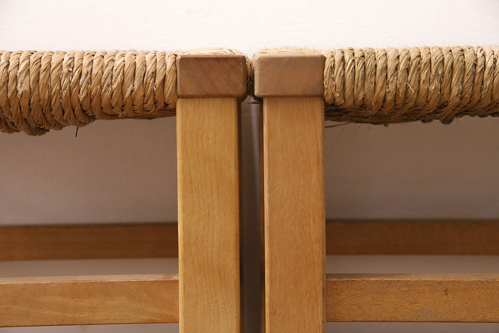 ヴィンテージ　松本民芸家具　初期モデル　ラッシ座面がおしゃれ!素朴な木肌が味わい深いスツール2脚セット(チェア、椅子、ビンテージ)(R-048692)
