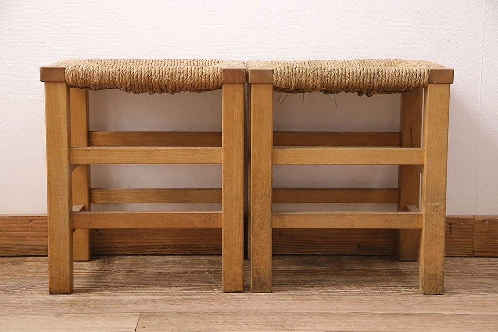 ヴィンテージ　松本民芸家具　初期モデル　ラッシ座面がおしゃれ!素朴な木肌が味わい深いスツール2脚セット(チェア、椅子、ビンテージ)(R-048692)