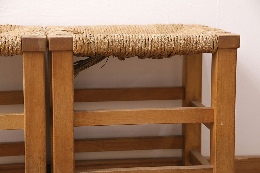 ヴィンテージ　松本民芸家具　初期モデル　ラッシ座面がおしゃれ!素朴な木肌が味わい深いスツール2脚セット(チェア、椅子、ビンテージ)(R-048694)