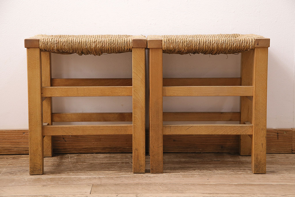 ヴィンテージ　松本民芸家具　初期モデル　ラッシ座面がおしゃれ!素朴な木肌が味わい深いスツール2脚セット(チェア、椅子、ビンテージ)(R-048695)